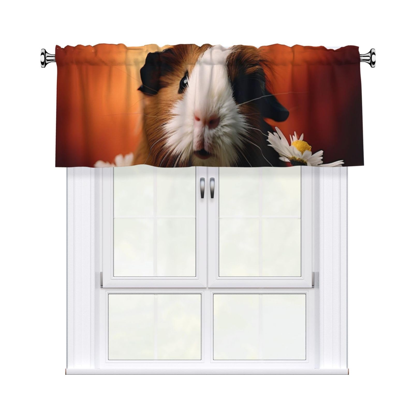 HJKJKKJ Window Valance 137x 46 CM Kitchen Curtains Guinea Pig Eats Daisies Valances for Windows Vintage Short Window Curtains Farmhouse Rod Pocket Decorative Curtain Valance for Bedroom Bathroom