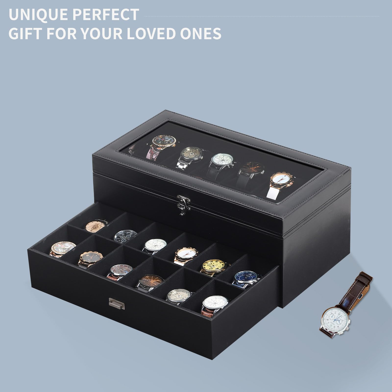 AUTOARK Caja organizadora de 24 relojes con tapa de vidrio y cajón de joyas de cuero y terciopelo, negro MKAW035