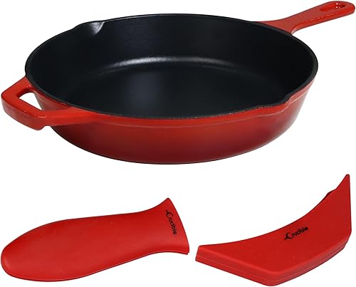 Sartén de hierro fundido esmaltado de 10.25 pulgadas, 1 soporte de silicona para mango caliente y 1 agarradera de silicona para el mango de