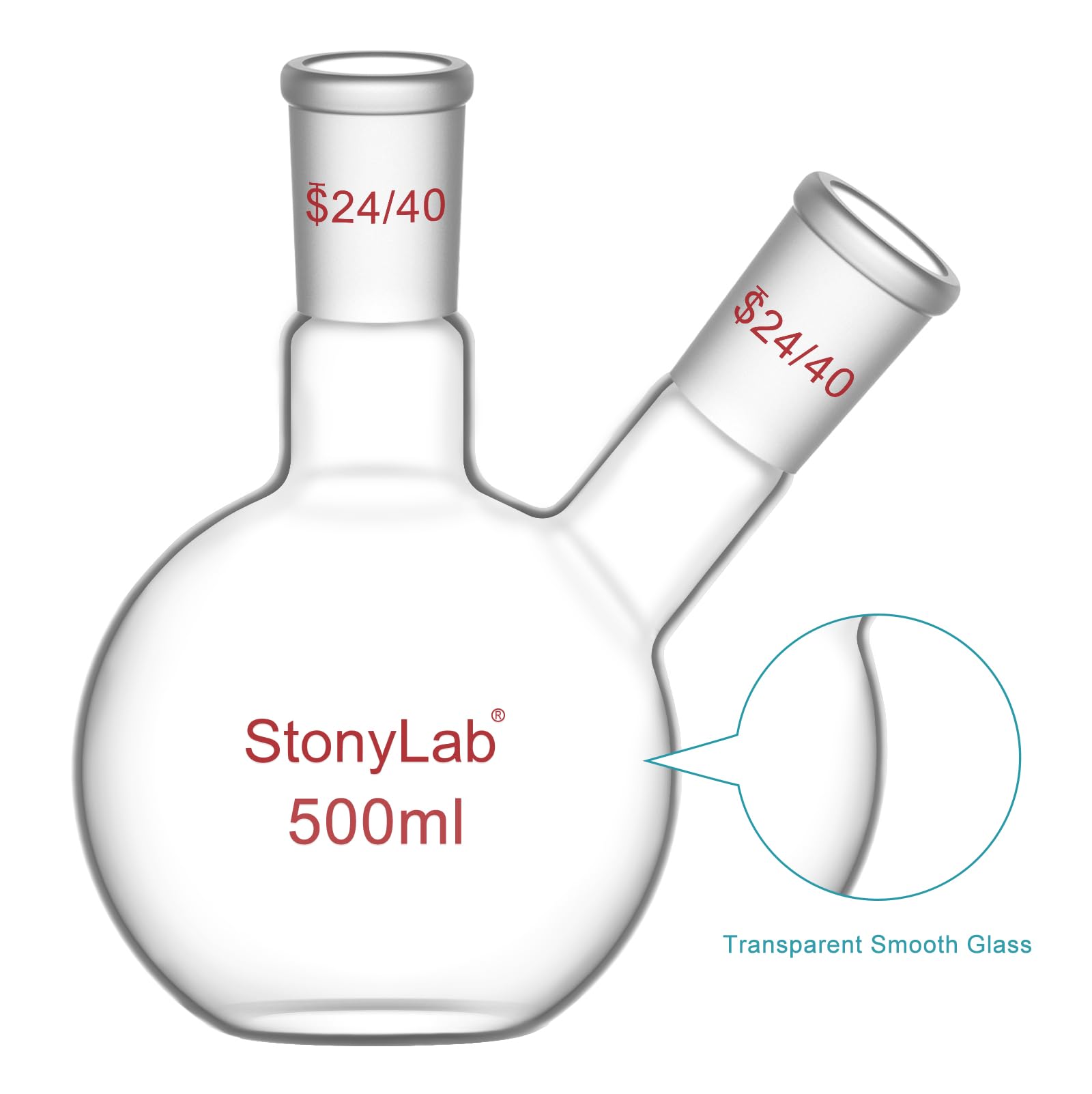 stonylab Flachbodenkolben FBF, Schwerwandiger 2-Hals-Laborkolben Borosilikatglas Flachboden Siedekolben mit 24/40 Standard-Gelenk, 500 ml