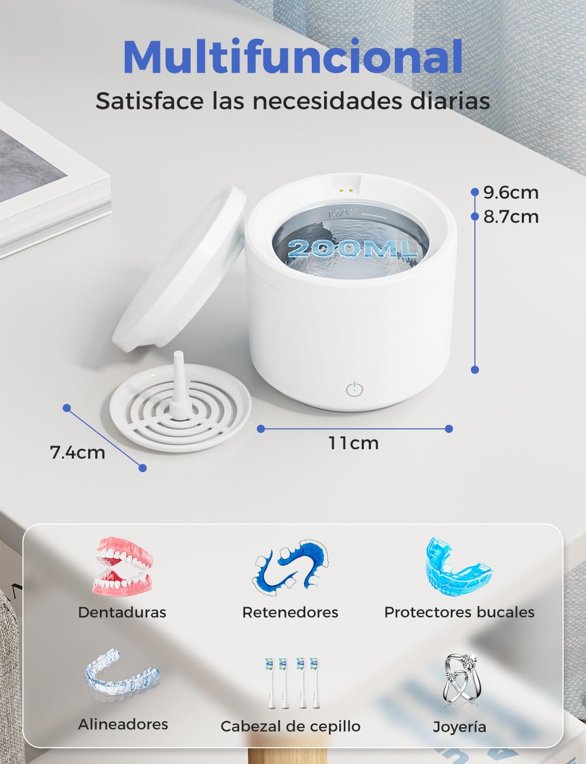 Limpiador Ultrasonidos Dental 48000Hz, Ultrasonic Cleaner 200ml para Lampara UV, para Limpieza Dentaduras/Ferula Dental/Retenedores/Aligner/Cabezas de Cepillos de Dientes/Joyas, Blanco