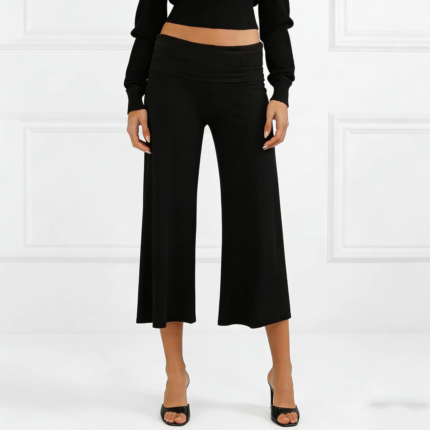 Women's Fold Over Capri Pants Elastic Low Waist Flared Loose Fit Fashionable Casual Solid Color Yoga Pants