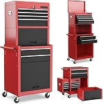 Goplus Poitrine à outils, 5 Armoire à outils à tiroirs avec boîte à outils amovible, roues à verrou universelles, barre de verrouillage, liner de protection & Sac à outils, panier de rangement en métal, boîte à outils pour garage