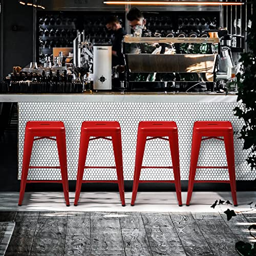 Monibloom Metal Barstools 24 Inch In Red, Set Of 4 Stackable Bar Stools With Square Seat For Kitchen Patio Dining Room Indoor Outdoor #TOP1