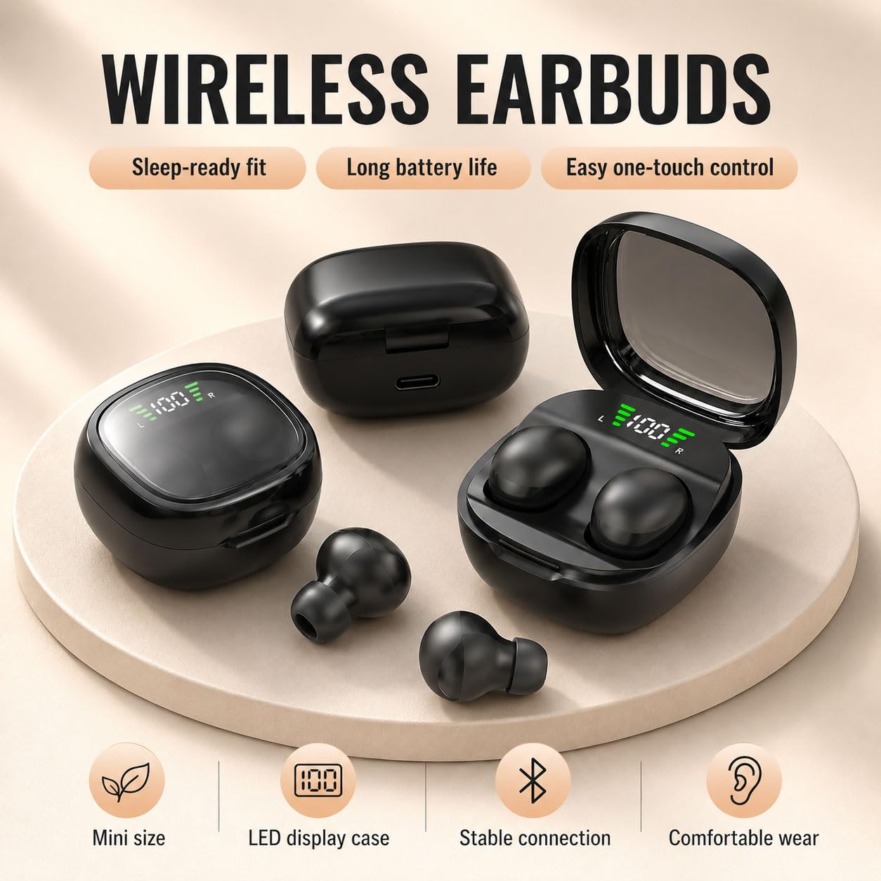 Micool Auriculares inalámbricos invisibles, impermeables, Bluetooth, ligeros, sin dolor, invisibles para dormir sensibles, batería de larga duración (negro)