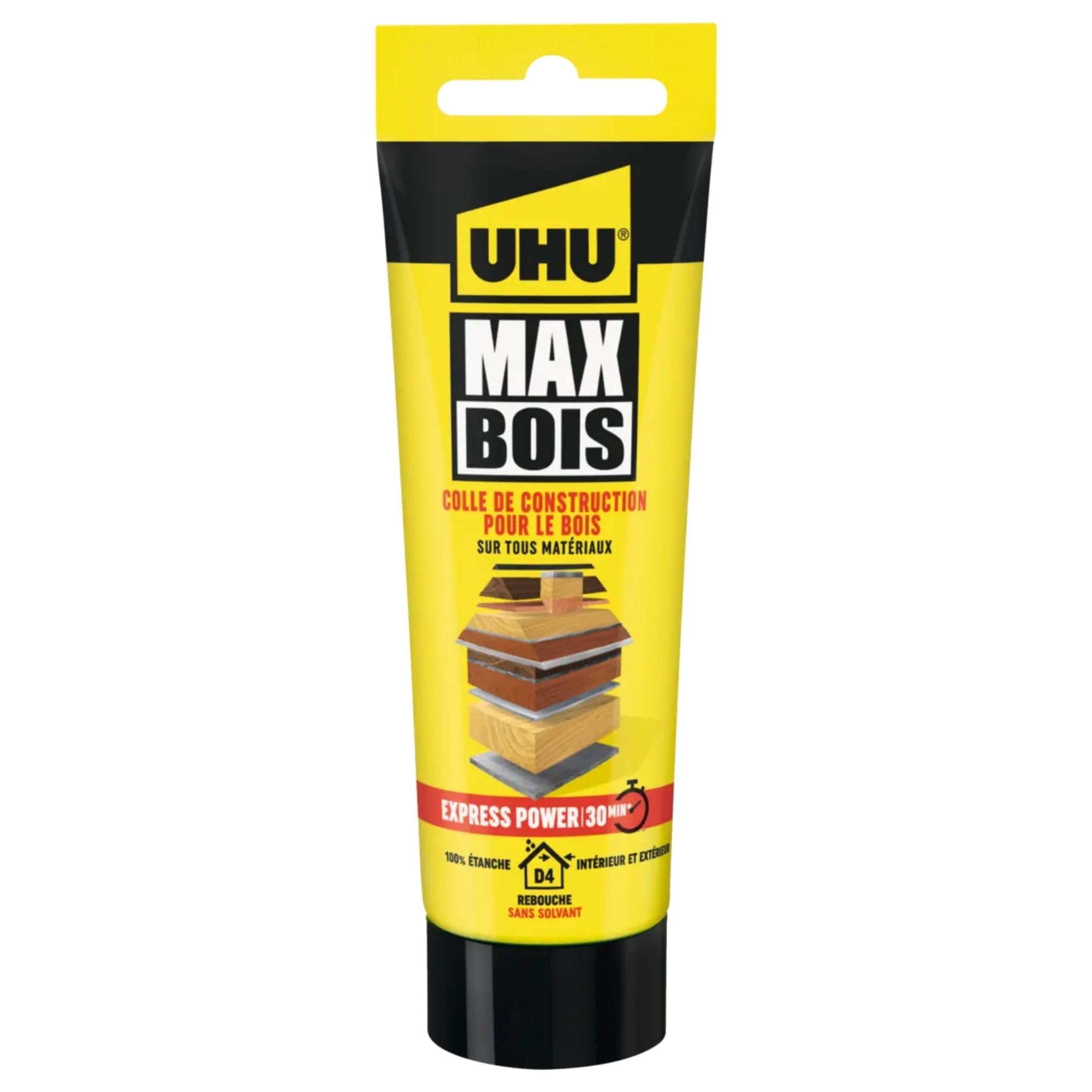 UHU Max Bois - Colle à Bois Express - Extra Forte et Séchage Rapide - Résistante à l'eau (D4) - Intérieur-​Extérieur - Sans Solvant - Blanche - Tube de 100 g