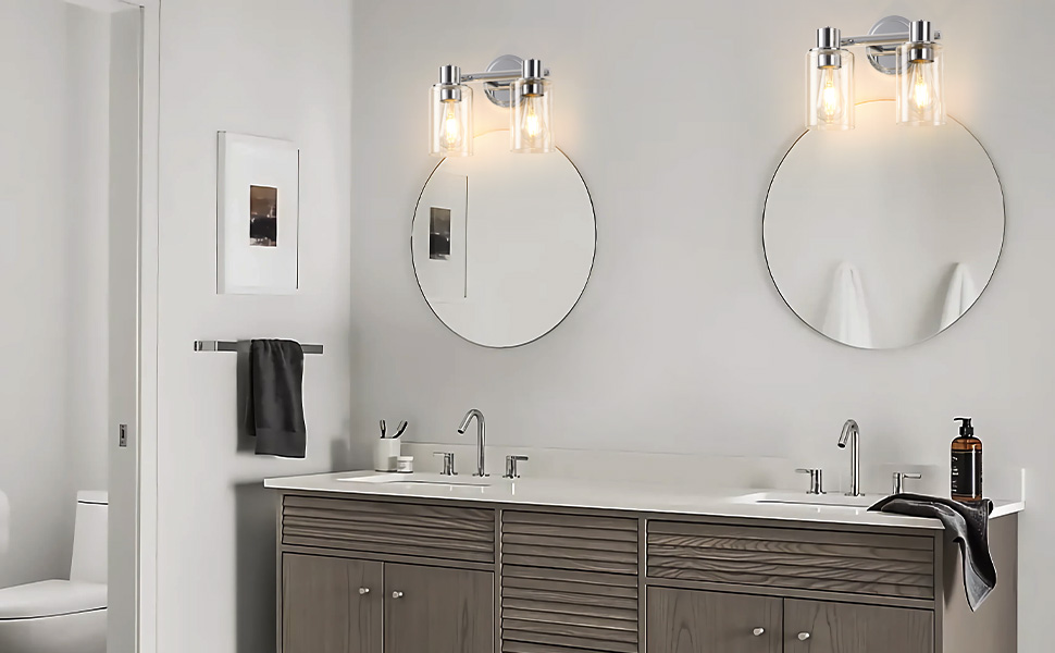 Image of 2 Light Bathroom Wall Sconce Light Fixtures with Clear Glass Bathroom Wall Lights Over Mirror Vanity Lights Chrome with E26 Base