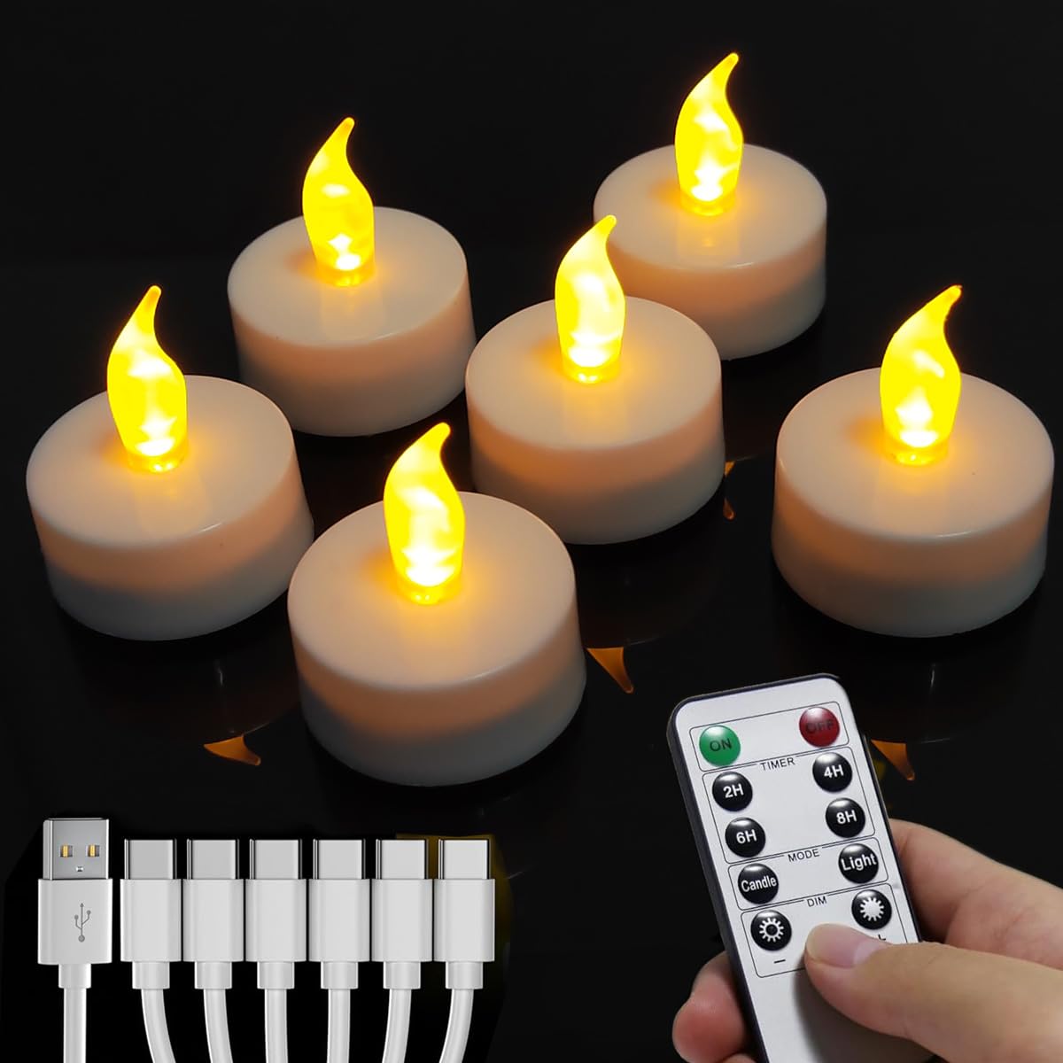 Wiederaufladbare Led Teelichter, 6 Stück Wiederaufladbare Kerzen Flackernd mit Fernbedienung und Timer,Mit 6-Port USB Ladekabel LED Kerzen für Hochzeiten Partys Halloween Weihnachten Heimdekoration
