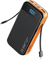 LENGSUM 32000mAh Power Bank with Built-in Cables, 22.5W Fast Charging, 5 Outputs 3 Inputs for iPhone, Samsung Galaxy, Google Pixel - Orange Travel Charger