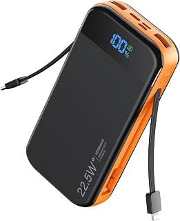 LENGSUM 32000mAh Power Bank with Built-in Cables, 22.5W Fast Charging, 5 Outputs 3 Inputs for iPhone, Samsung Galaxy, Google Pixel - Orange Travel Charger