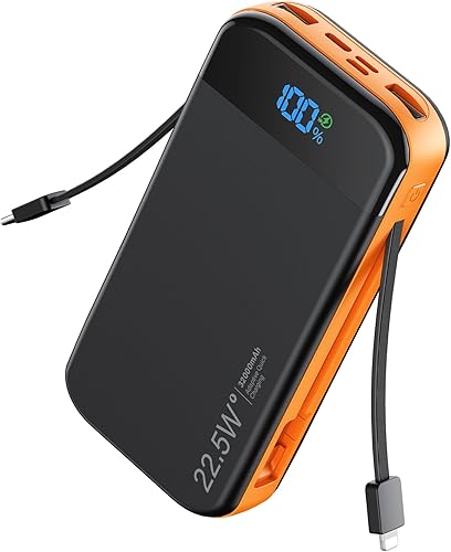 Cargador portátil de batería con cables integrados, 32000 mAh, 22.5 W, USB C, carga rápida, 5 salidas 3 entradas, paquete de baterías esenciales de