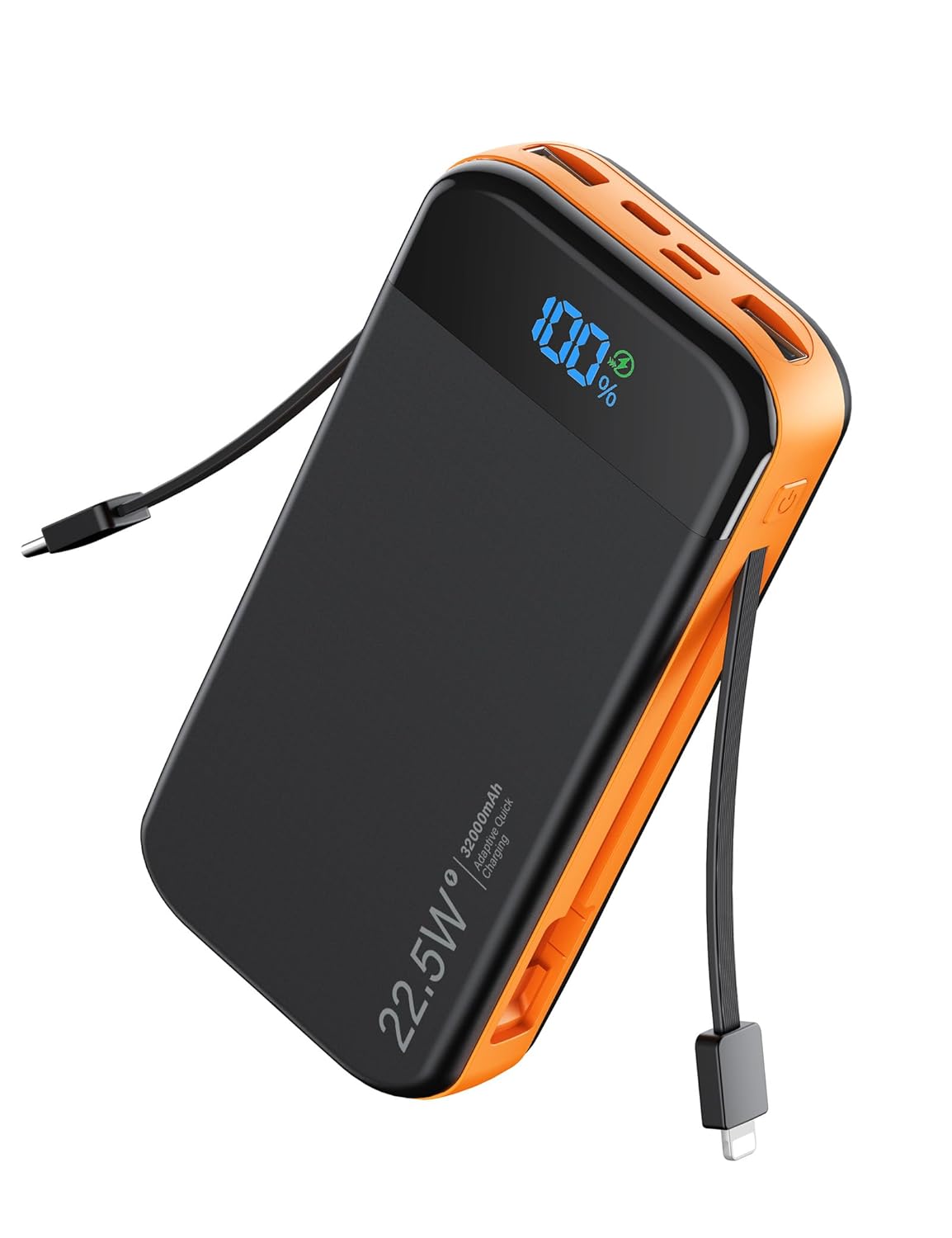 Portable Charger Power Bank Built-in Cables 32000mAh 22 5W USB C Fast Charging 5 Outputs 3 Inputs Travel