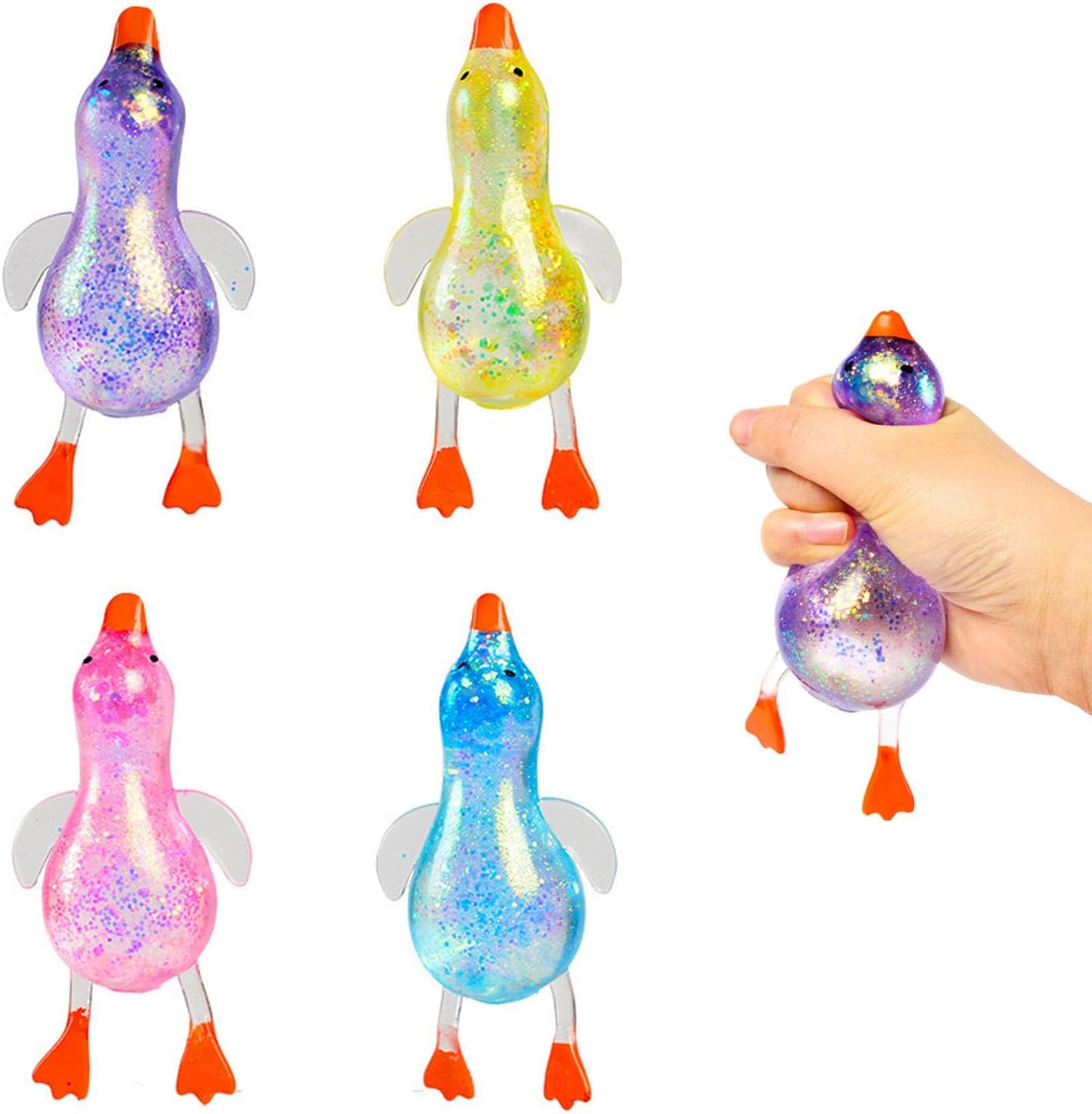 Cute Glitter Duck Squishies Toys, 4 Pack Malt Sugar Stress Relief Ball, Slow Rising Soft Squeeze Sensory Fidget Toy for Kids Adults, Anxiety Calming Squishy Duck for Party Classroom Favors