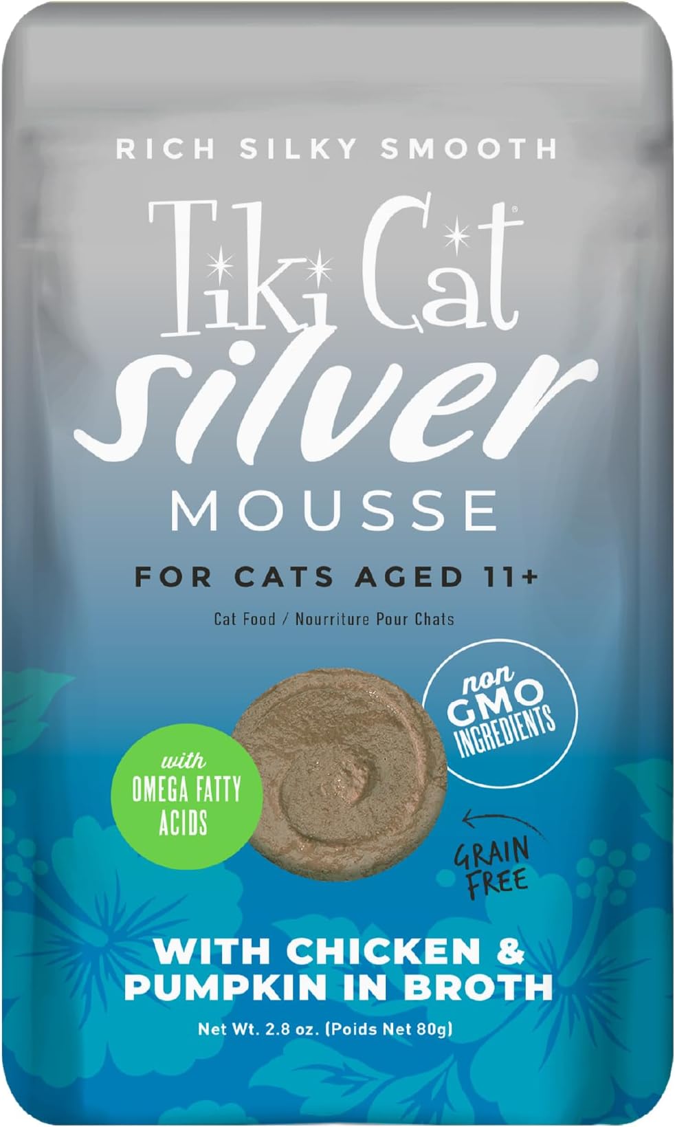 TIki Cat Silver Mousse, With Chicken & Pumpkin In Broth, Silky Smooth Nutrient Rich Formulated for Older Cats Aged 11+, 2.9 oz. Pouch (12 Count)