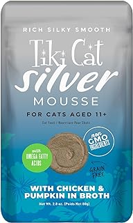 Tiki Cat SIlver Mousse, With Chicken & Pumpkin In Broth, Silky Smooth Nutrient Rich Formulated for Older Cats Aged 11+, 2.9 oz. Pouch (Pack of 12)