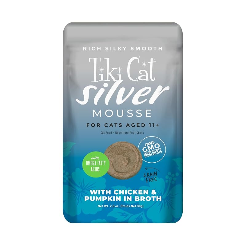 Ração úmida para gatos idosos TIKI PETS, mousse de frango e abóbora ao molho, 79 g, Pacote com 12 sachês