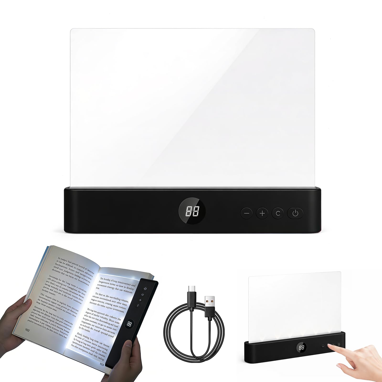 Buchlampe LED dimmbar mit 3 Lichtfarben, Leselicht mit Timer, Reading Book Light als Lesezeichen & Buchseitenhalter, USB-C Schnellladung, augenschonend verschleißfest, Geschenk für Leseratten Schwarz