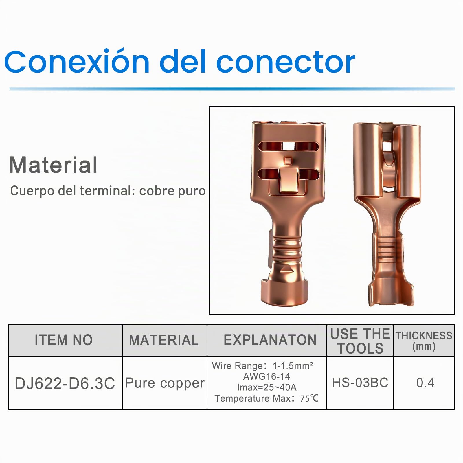 Heschen 100 terminales de crimpado de pala de 6,3 mm, latón, no aislados, para cables de 1 a 1,5 mm²
