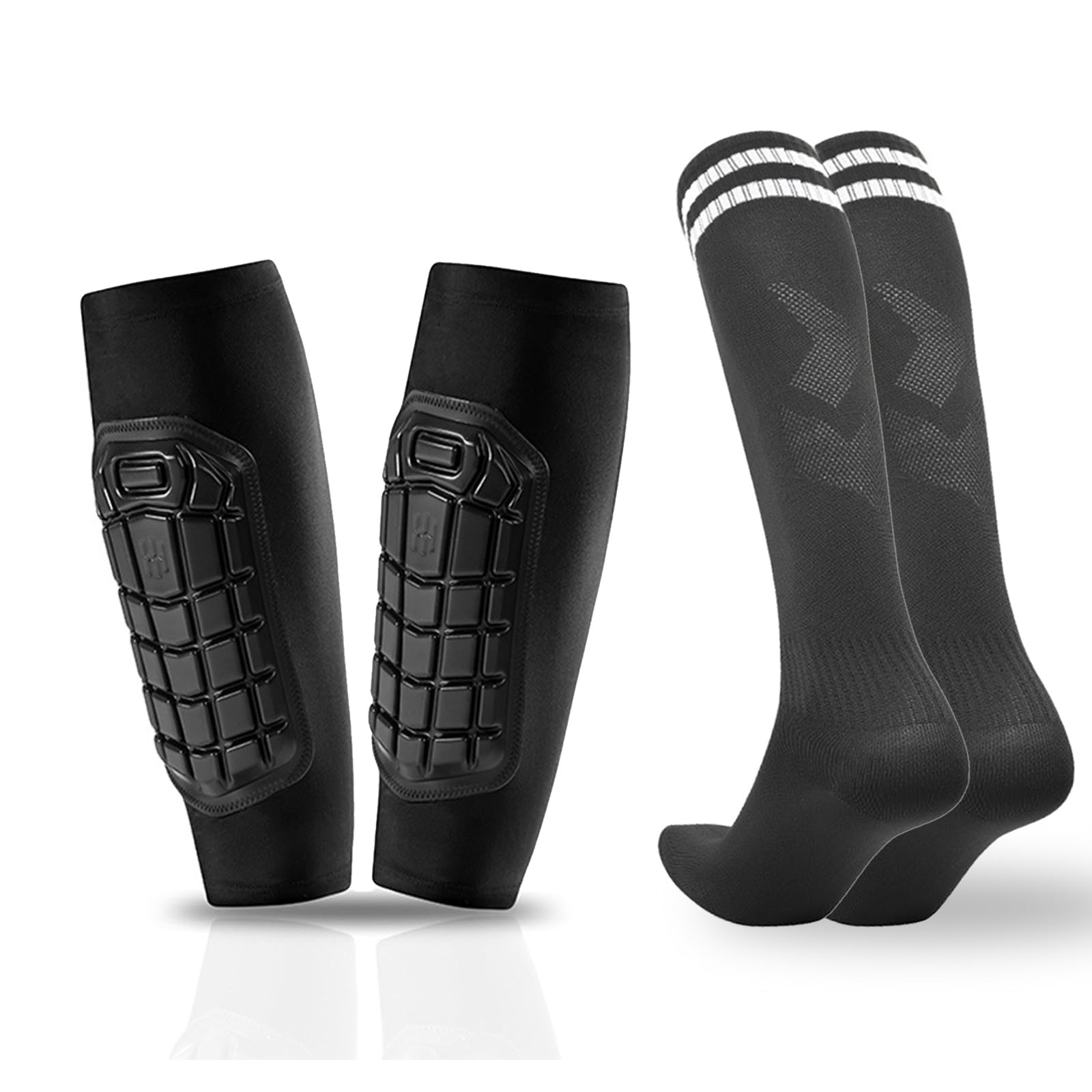 Soccer Shin Guards and Long Soccer Socks Set Protective Soccer Shin Pads Sleeves Equipment Football Gear for Kid Older Than 10 Years and Adult