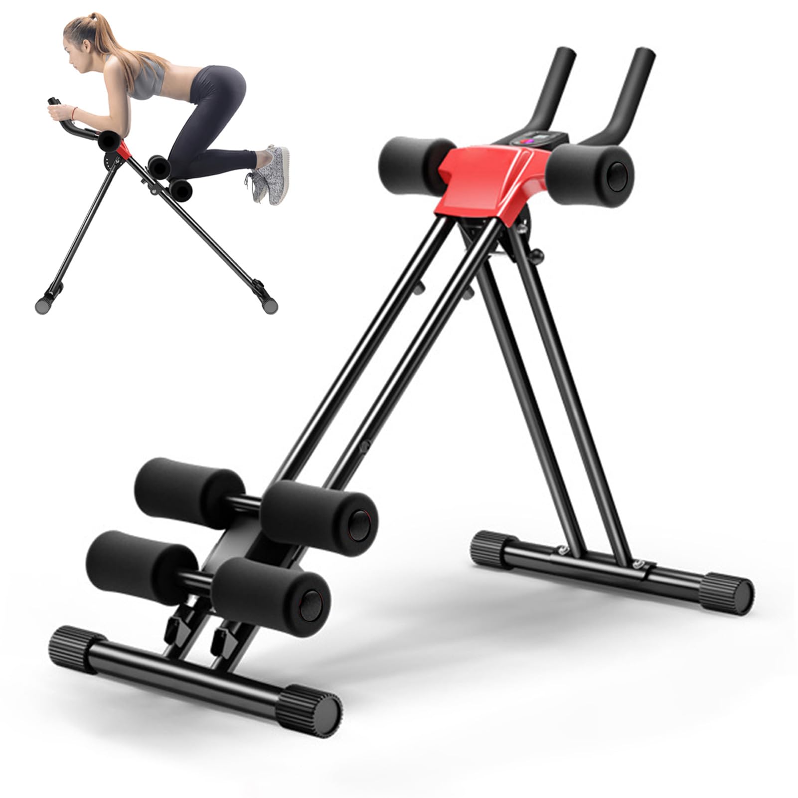 Kiuaso 4-in-1 Ab Machine, Adjustable Abdominal Trainer with LCD Monitor & Knee Protection, Foldable Core Workout Equipment, 5 Levels Adjustment, 330LBS Capacity, Home Gym Strength Training (Black)