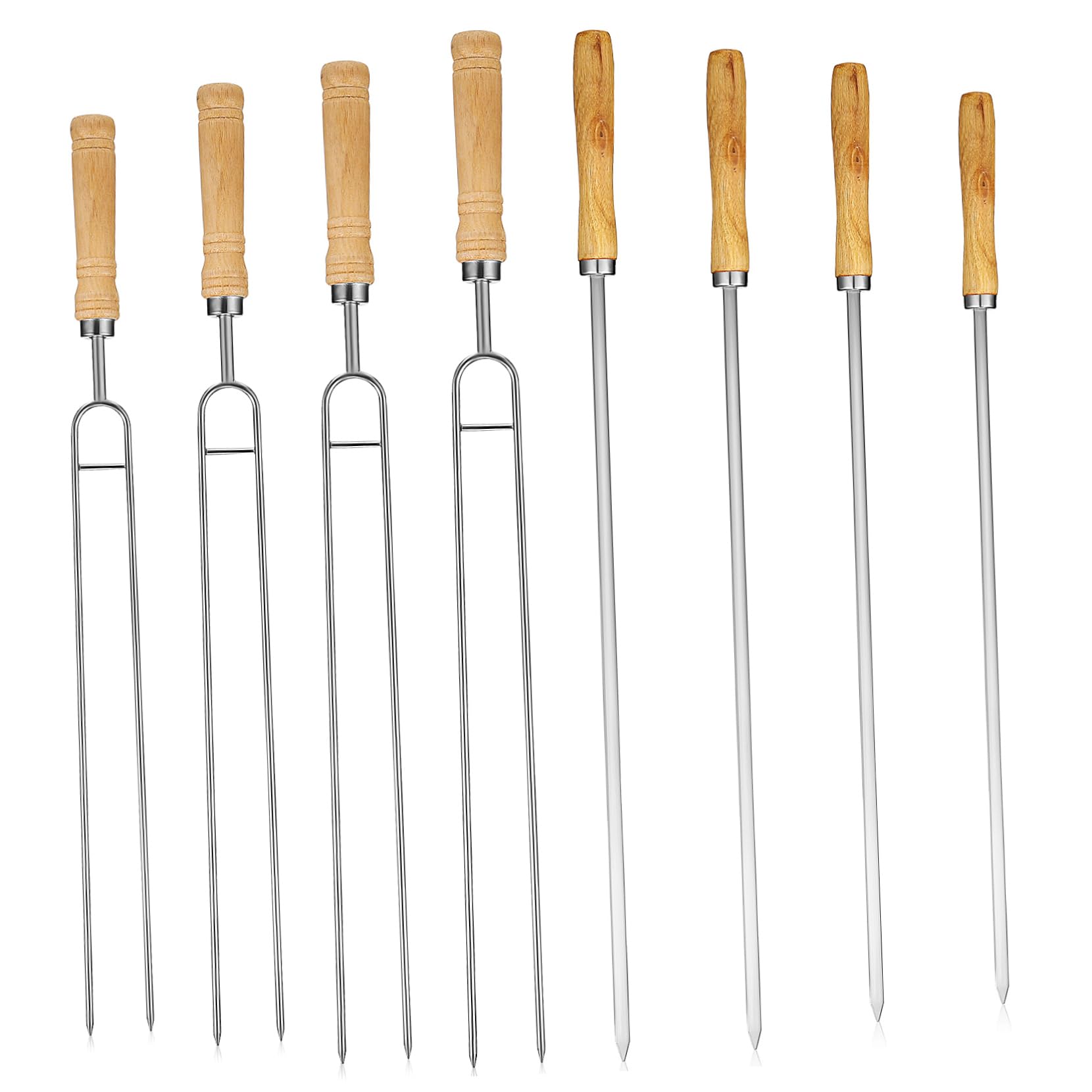 VANZACK 8pezzi Spiedini Barbecue in Acciaio Inox Bastoncini per Grigliare e Servire con Manico in Legno per Arrostire Sul Fuoco da Campo Spiedini Doppia Testa e Testa Colore Casuale