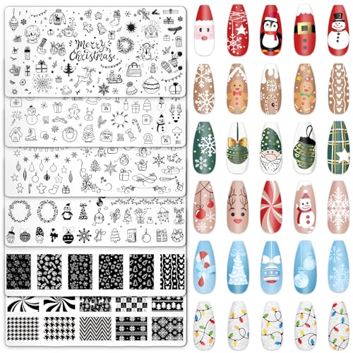 Whaline 6Pcs Christmas Nail Plates Stamping Set Stamp Templates Xmas Ball Snowman Snowflake Nail Art Plates for Winter DIY Print Manicure Salon Design