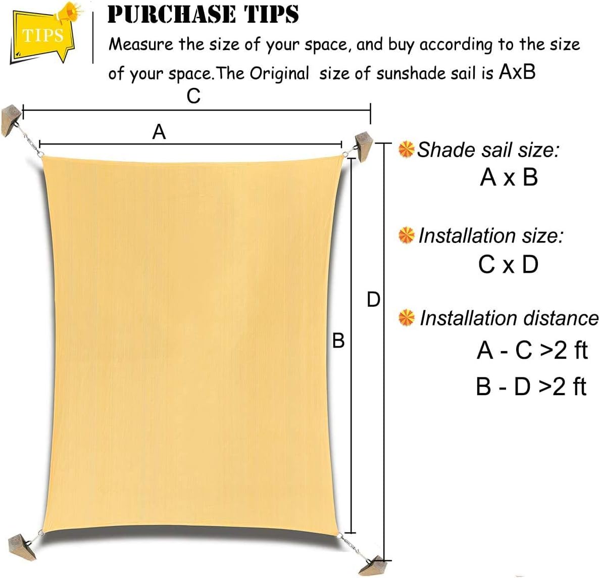 Rectangle 6'x8' Patio Sun Shade Sail, Shade Sail UV Block Shade Cloth - Sunshade Fabric Awning Shelter for Pergola Backyard Garden Carport (Sand Color)