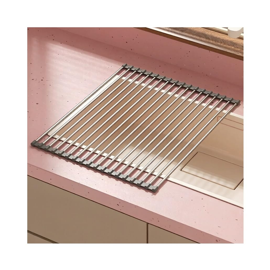 Escurridor de Fregadero Enrollable portátil de 14,6 a 18,5 Pulgadas, Multiusos, Plegable, de Acero Inoxidable, con Base Antideslizante de Silicona para encimera de Cocina.