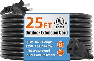 UL Listed Outdoor Extension Cord 25 FT SJTW 16/2 Gauge 13A 125V 1625W, Black Outdoor Extension Cord Waterproof, Flame & Cold Retardant,Water & Weather Resistant, 2 Prong Extension Cord