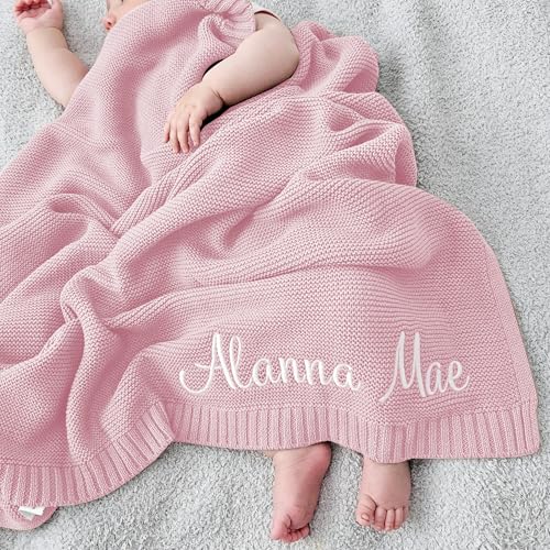 Image of Diyrap Personalized Baby Blanket, 100% Cotton, Single Layered, Unisex, Pink, 37x42in, Custom Embroidered Name, Modern Style, Warm, Newborn Care & Gifting