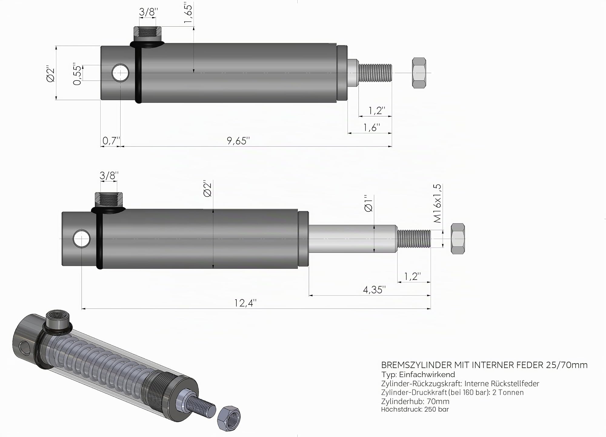 Bremszylinder mit Rückholfeder innen einfachwirkend, Hydraulikzylinder Anhänger