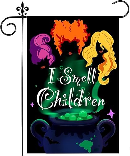 Bandera de jardín de Halloween, bandera de jardín con texto en inglés "I Smell Children", bandera de bruja Hocus Pocus para exteriores, bandera de