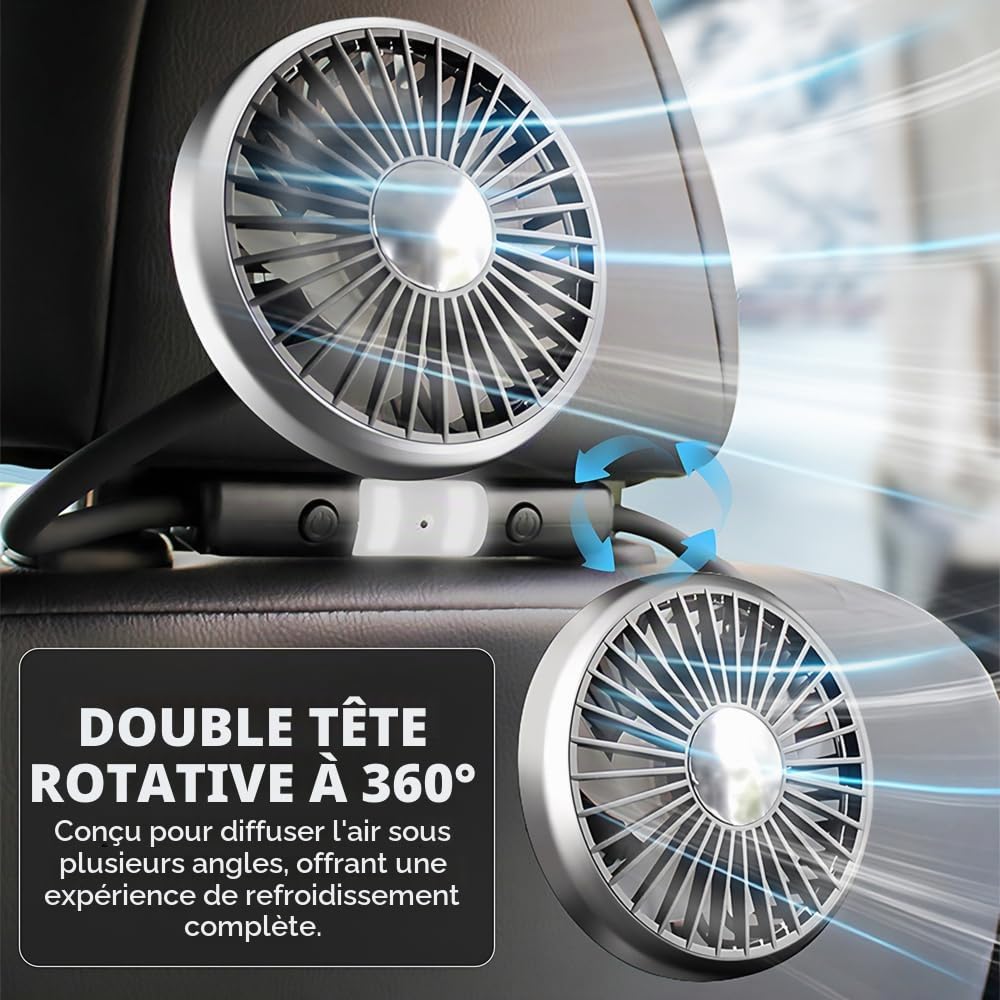 Ventilateur de voiture pour siège arrière, double tête, 12 V, rotation à 360 °, USB, avec 3 vitesses et 2 niveaux de luminosité, lumière LED pour camion, camionnette, SUV