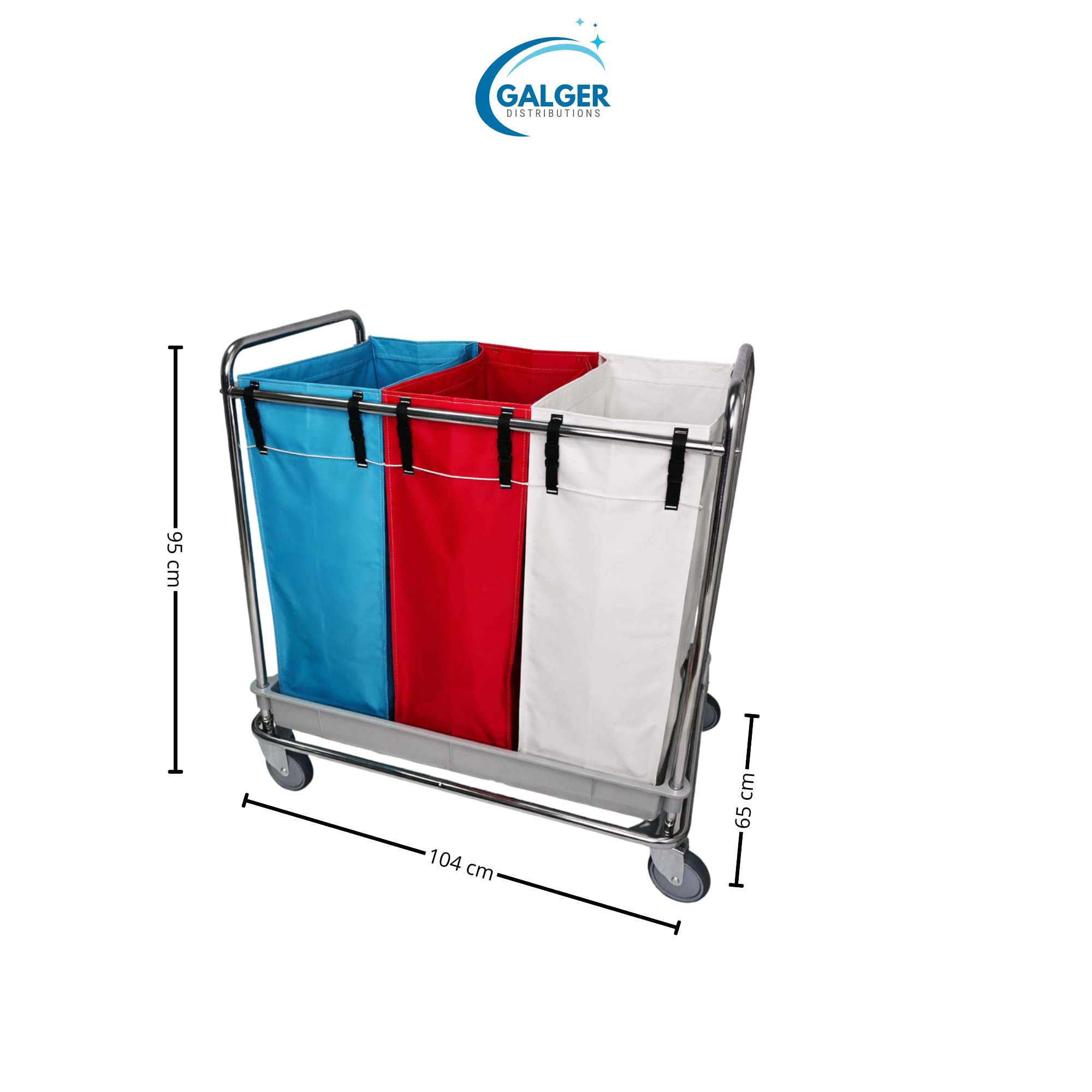 Carro de Lavandería Profesional Cromado con 3 Bolsas Plastificadas (80L) - Clasificador de Ropa Sucia con Ruedas 125mm y Base de Polipropileno - Ideal Hoteles y Residencias (95x65x104 cm)