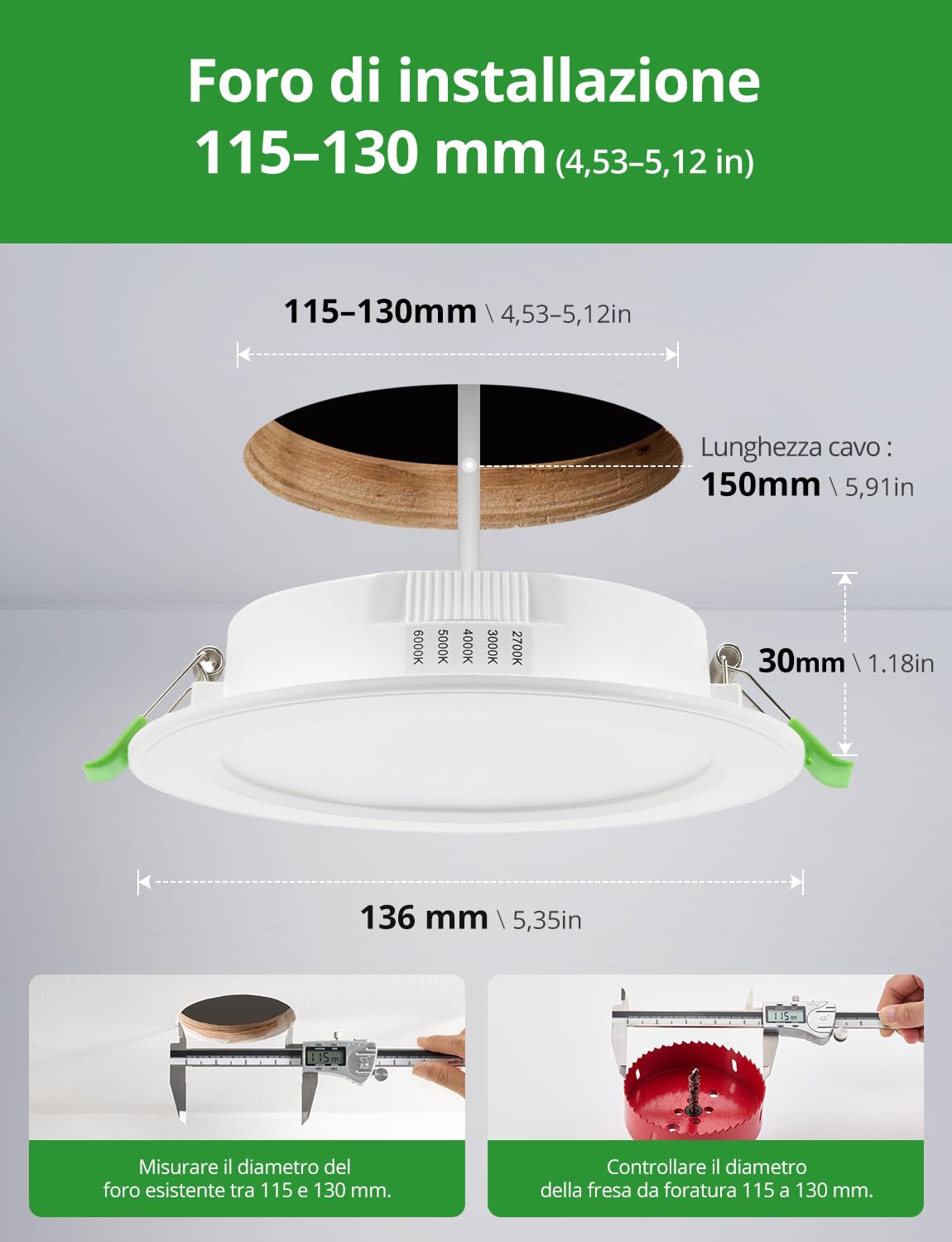 HOMEOW Faretti Led da Incasso per Cartongesso 10W, Foro 115mm - 130mm | 30mm Ultrasottili, IP44 Faretti Led Soffitto, Regolabile 2700K 3000K 4000K 5000K 6000K, Non Dimmerabili, Set di 20