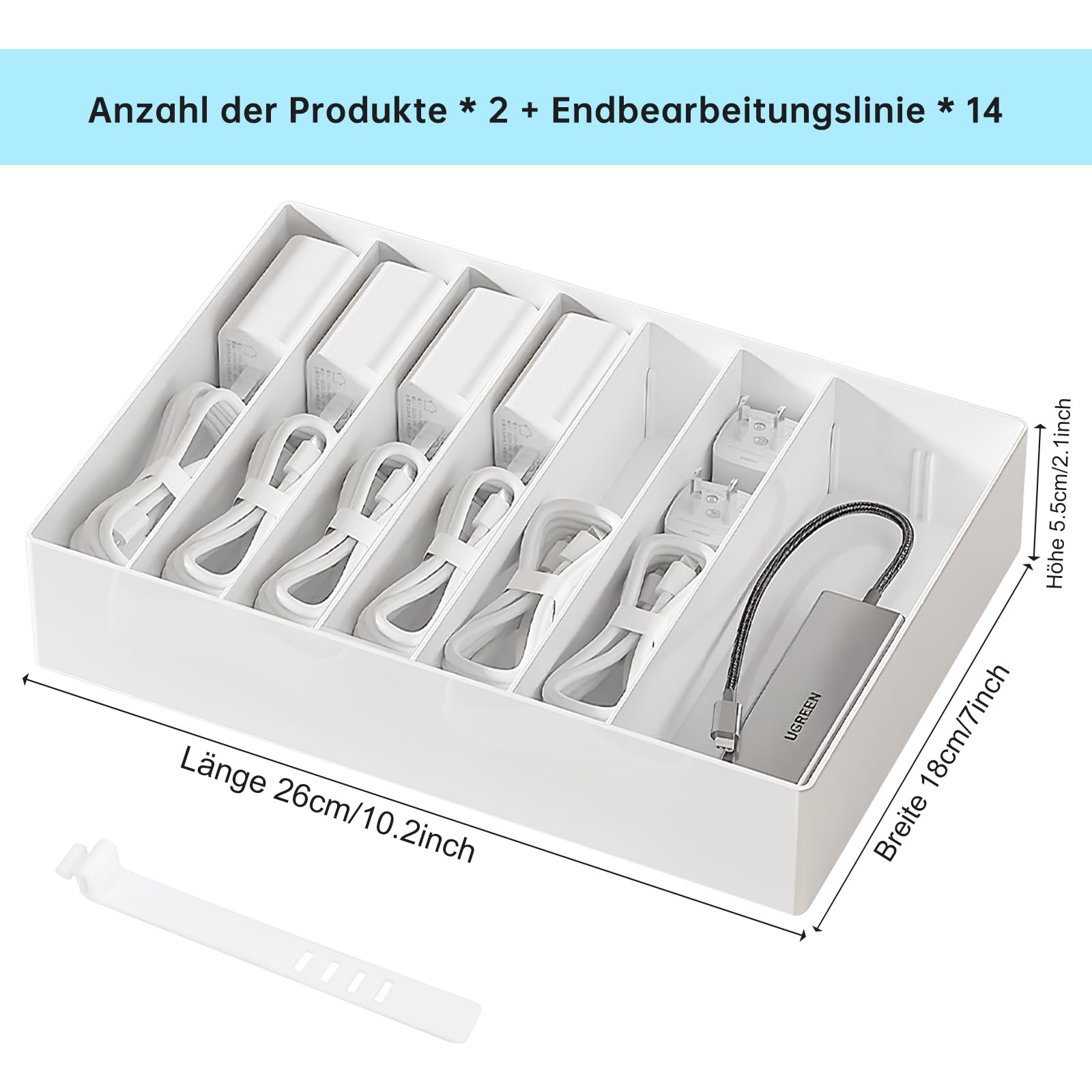 PAVSTINE Datenkabel-Organizer ohne Abdeckung Großer 2er-Pack, Kabelbox Weiß mit Verstellbaren Fächern, Kabel Organizer mit 14 Kabelbindern zur Aufbewahrung von Schreibwaren, Batterien und Ladekabeln