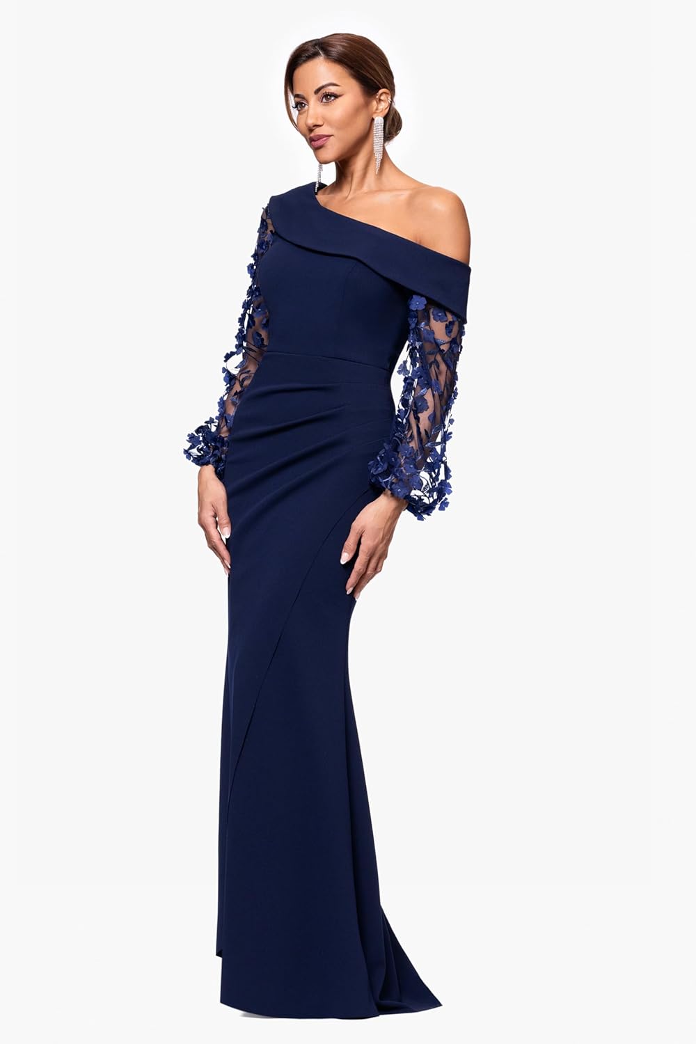 Xscape Women's Long Flower Ilusion Sleeve Off-The-Shoulder Scuba Crepe Gown, Navy, 4