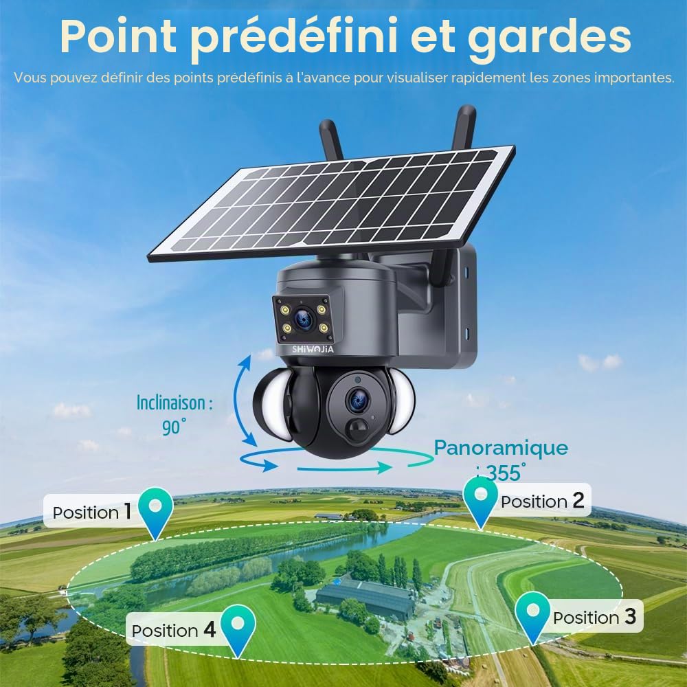 SHIWOJIA Camera Solaire Exterieur WiFi sans Fil, 6MP Double Objectif Camera Surveillance Exterieure, Détection Humaine Vision Nocturne Couleur Audio Bidirectionnel, Batterie + Panneau Solaire