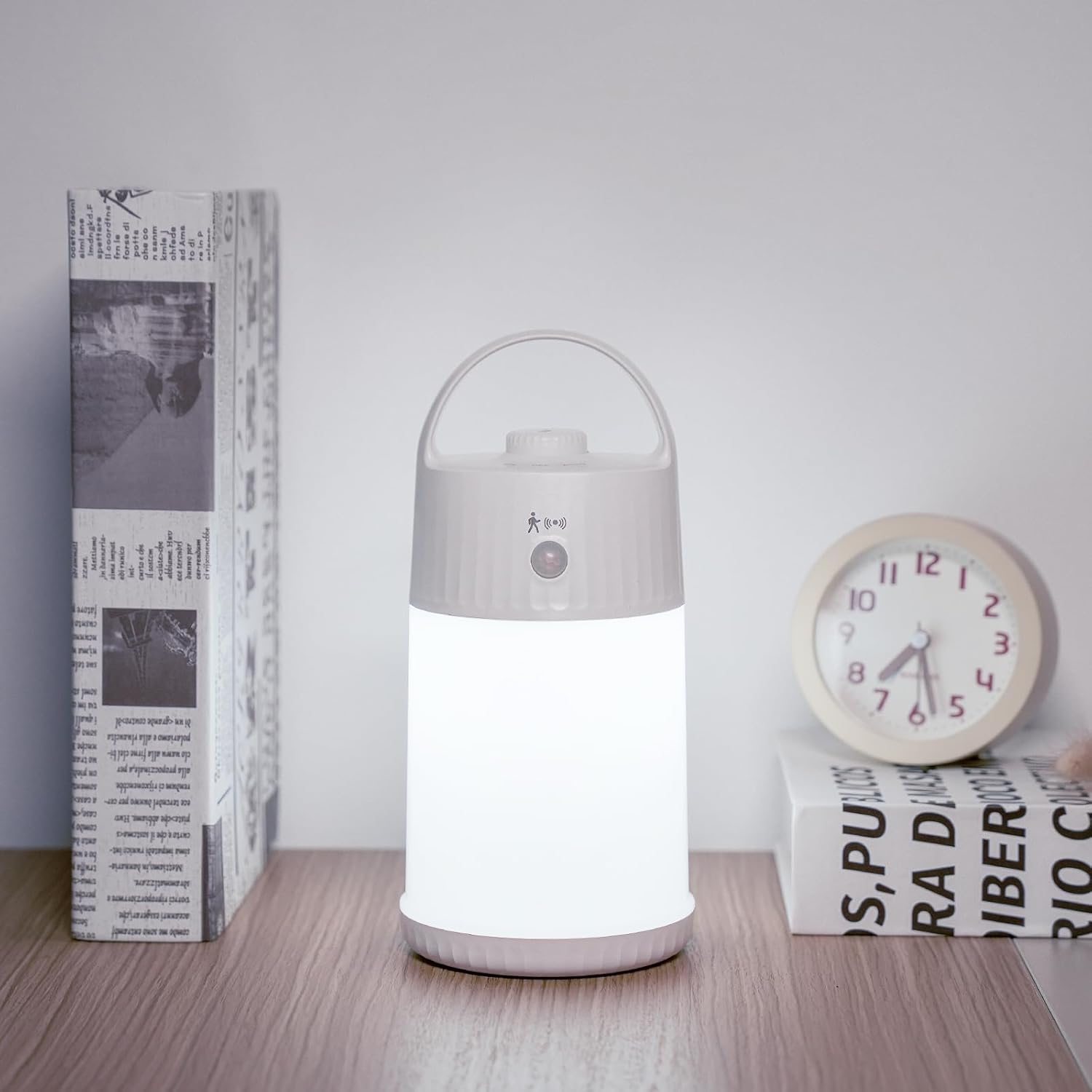 Motion Sensor LED Night Light - Cordless Battery Powered Table Lamp, Portable Lamps Lantern for Outdoor Camping Tents, 4 Brightness Level, Press Dimmable Safe Night Lights, 1 Pack (White)