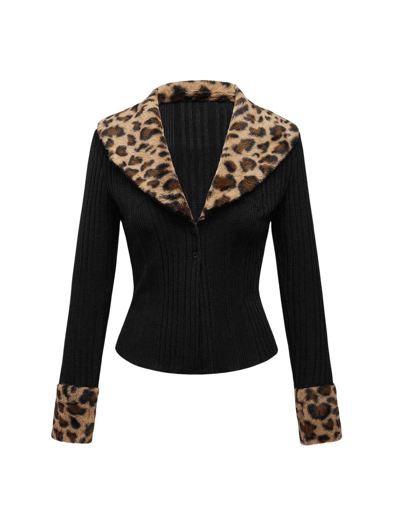 WDIRARA Womens Y2k Leopard Faux Fur Trim Coat Long Sleeve Button Down Knit Outerwear Clubwear