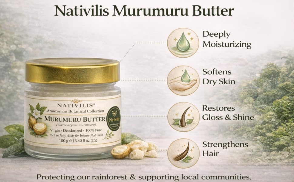 Nativilis Murumuru Butter Virgin Deodorized (Astrocaryum murumuru) Amazonian Rainforest Collection Skin Hair Care Moisturizer – Less frizzy hair - Noncomedogenic No pore blockages Copaiba properties