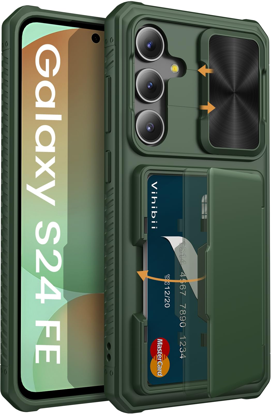 Vihibii for Samsung Galaxy S24 FE Case with Card Holder (4 Cards) & Slide Lens Cover & Kickstand & Raised Edges Protect Screen, Shockproof Rugged Case for Samsung Galaxy S24 FE 6.7" 2024,Green