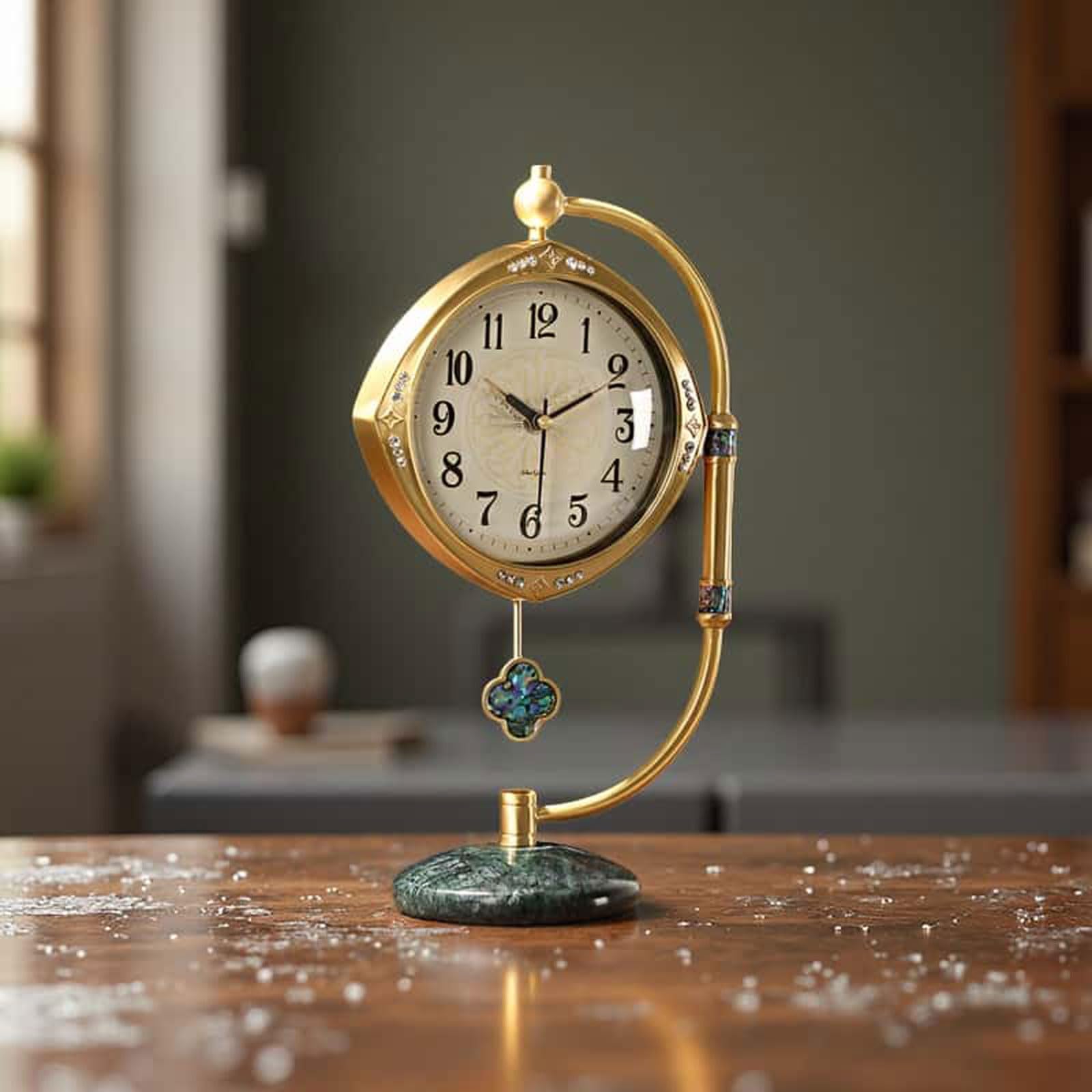 Luxuriöse Kaminuhr aus Messing - Leise Tischuhr mit Marmorsockel & Perlmutt-Inlay, Vintage Mechanisches Uhrwerk, Elegante Wohnkultur für Wohnzimmer