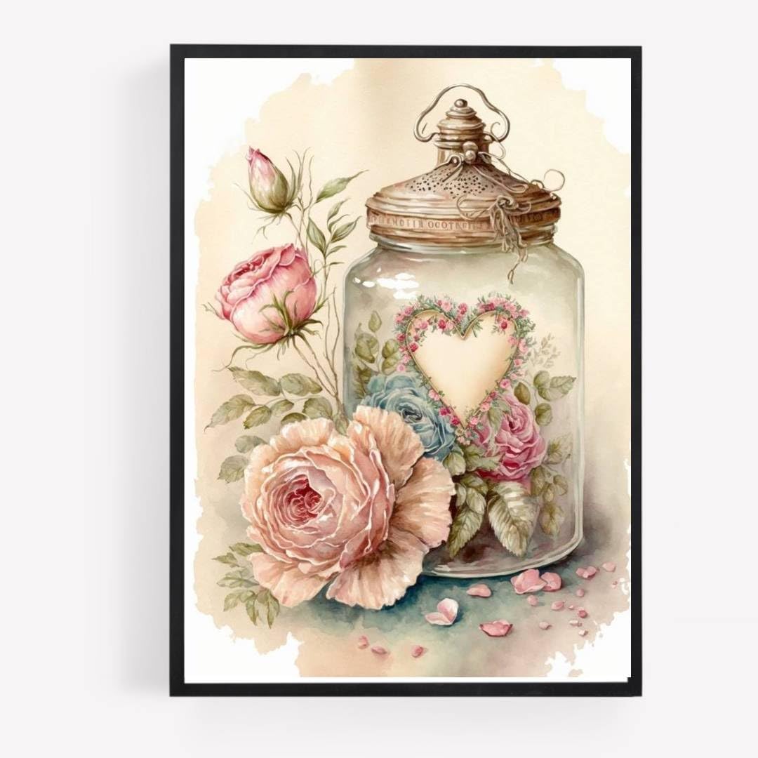 Gfc Black White Hydrangea Roses Flowers Print Picture Poster A4 Unframed Mason Jar Pink Shabby Chic Country Vase Wall Art Home Decor Decorating