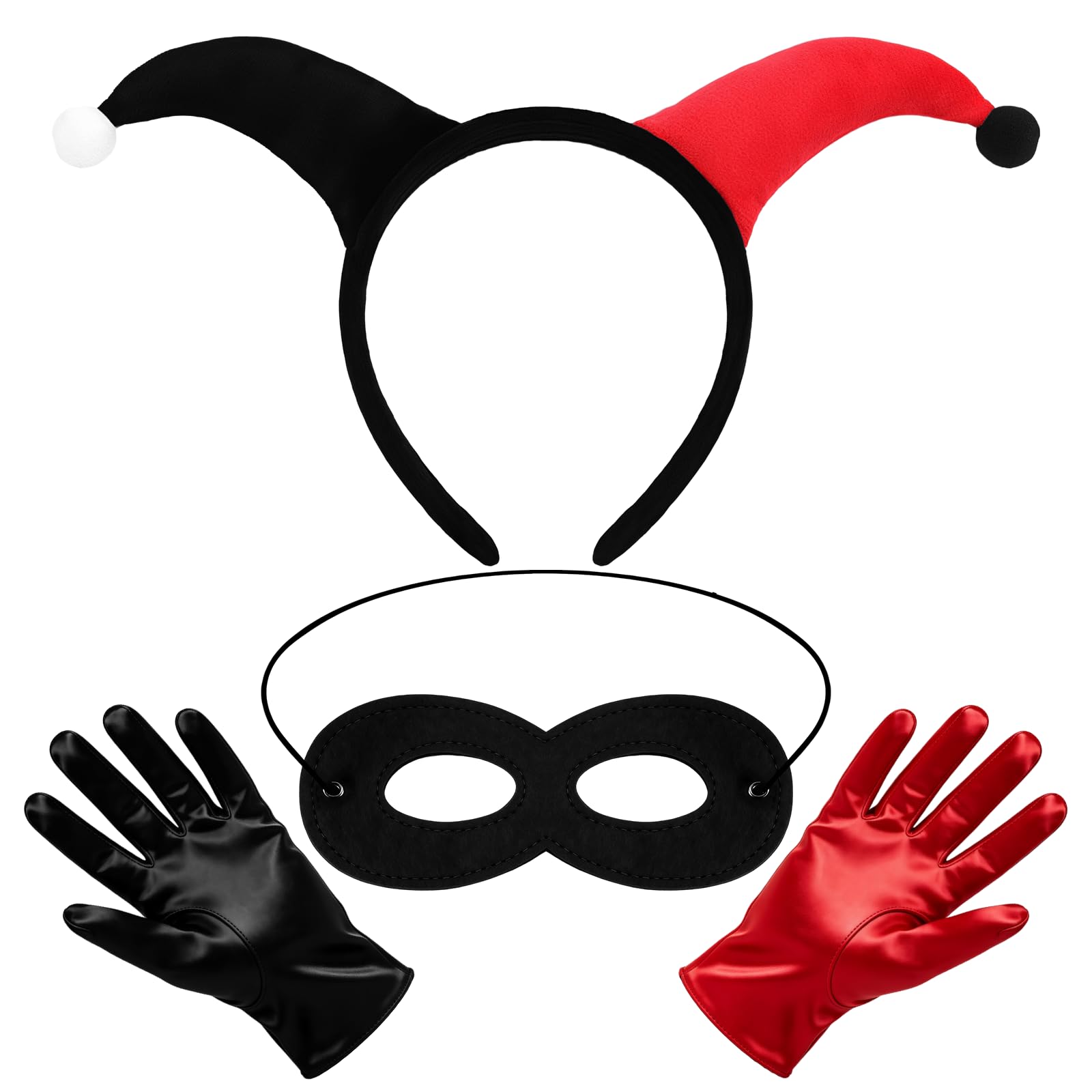 AOVNA 3 Pcs Joker Halloween Costume Black Red Clown Headband Gloves Eye Mask Set for Masquerade Cosplay Party Favors