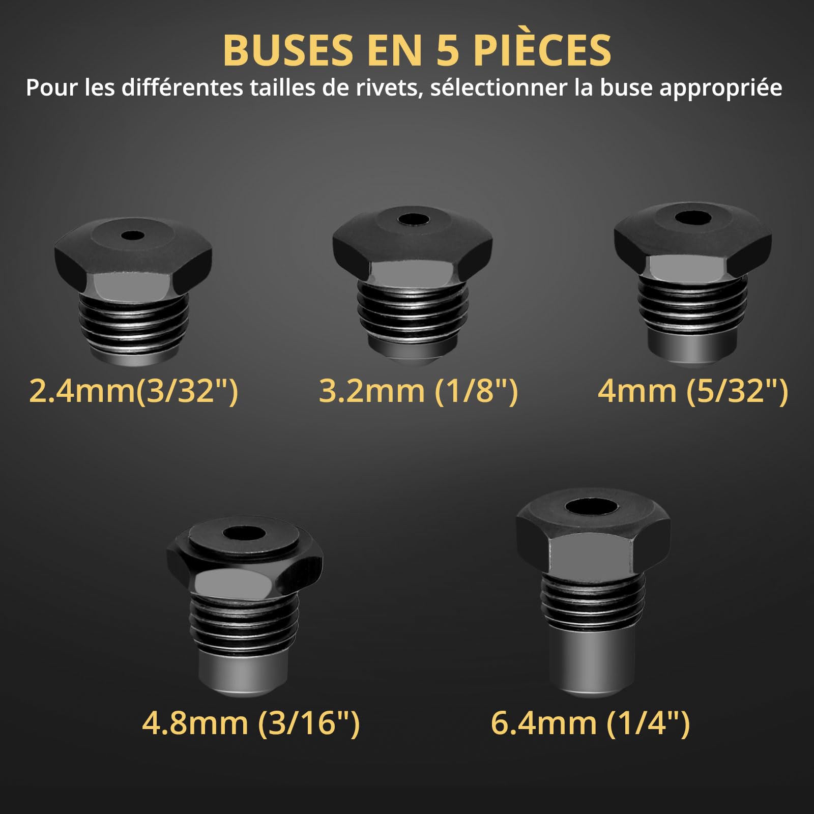 AMTOVL Riveteuse Pneumatique avec 1780KGF pour 5 Tailles 2.4mm(3/32") 3.2mm (1/8") 4mm (5/32") 4.8mm (3/16") 6.4mm (1/4") Pistolet à Rivet Pneumatique pour Réparation Automobile Industrie Rénovation