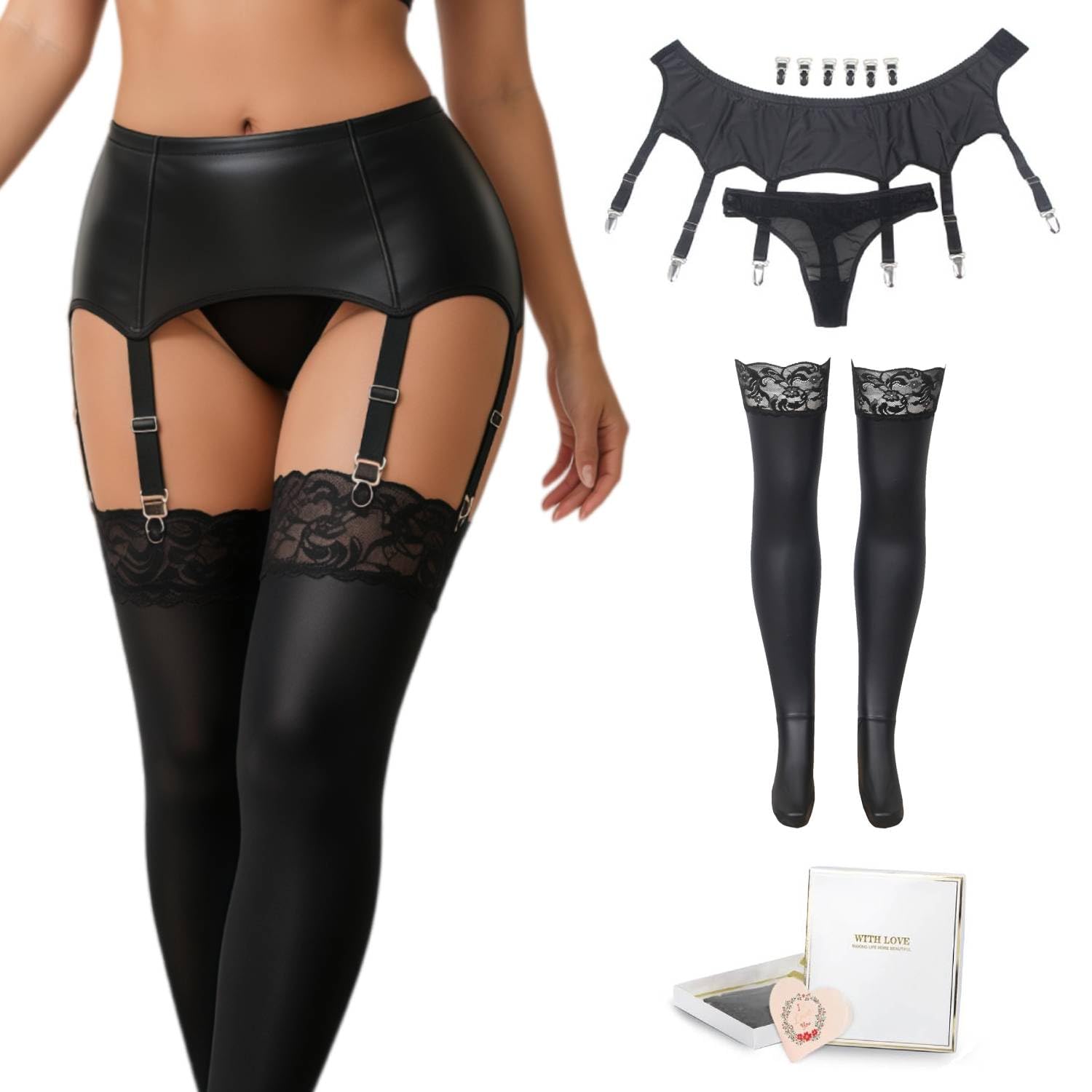 comeondear Liguero Sexy Mujer Cuero PU Talla Grande con 6 Tirantes Ajustables Hot Liguero Cintura Alta con Tanga Elásticos Ropa Interior Ligas Conjuntos Lenceria con 12 Clips Extraíbles