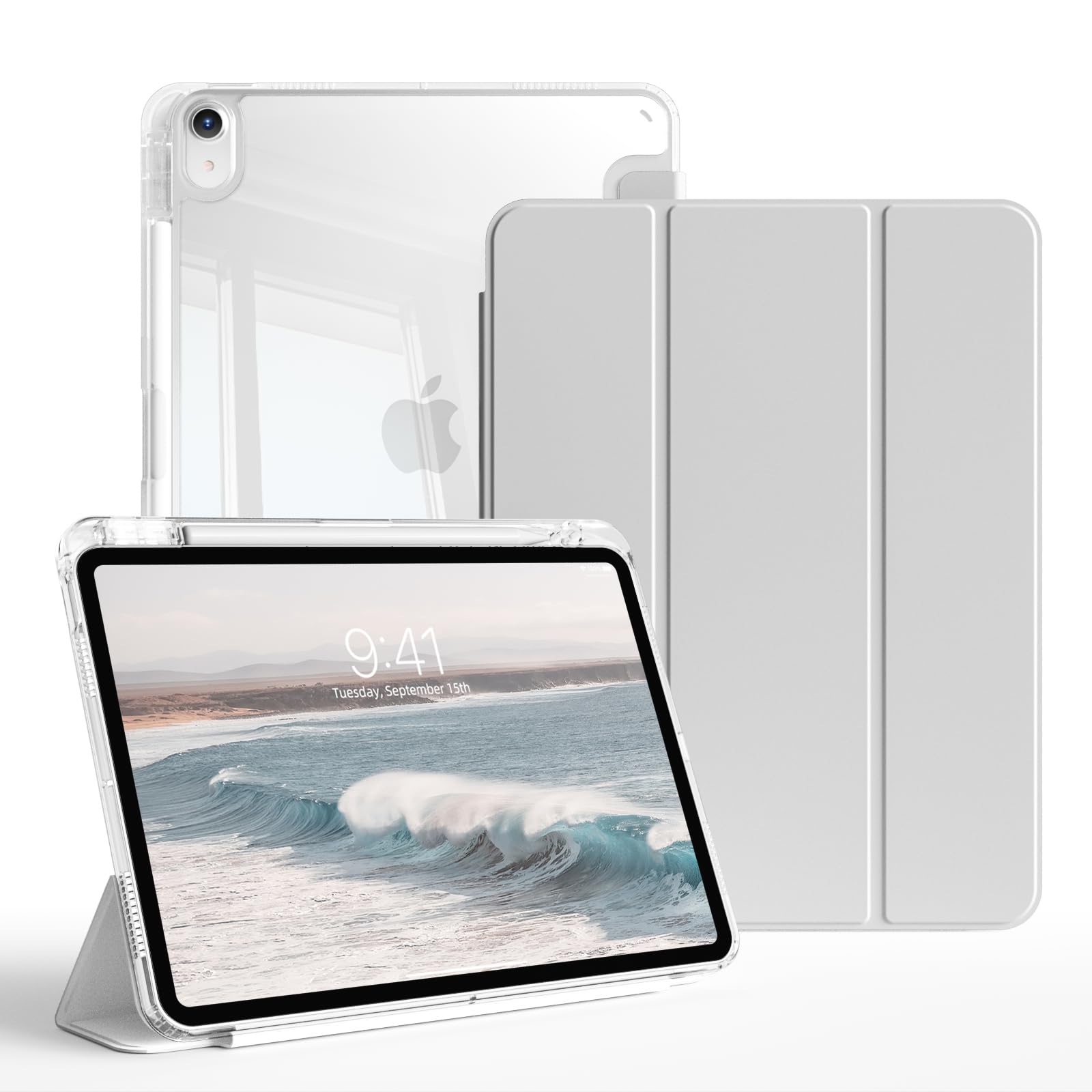 ZKTUYU Hülle für iPad Air 11 Zoll M4/M3/M2 (2026/2025/2024), iPad Air 5./4. Generation (2022/2020) 10,9 Zoll mit Stifthalter, Transparente Hart PC Rückseite, Auto Schlafen/Wachen, Hellgrau