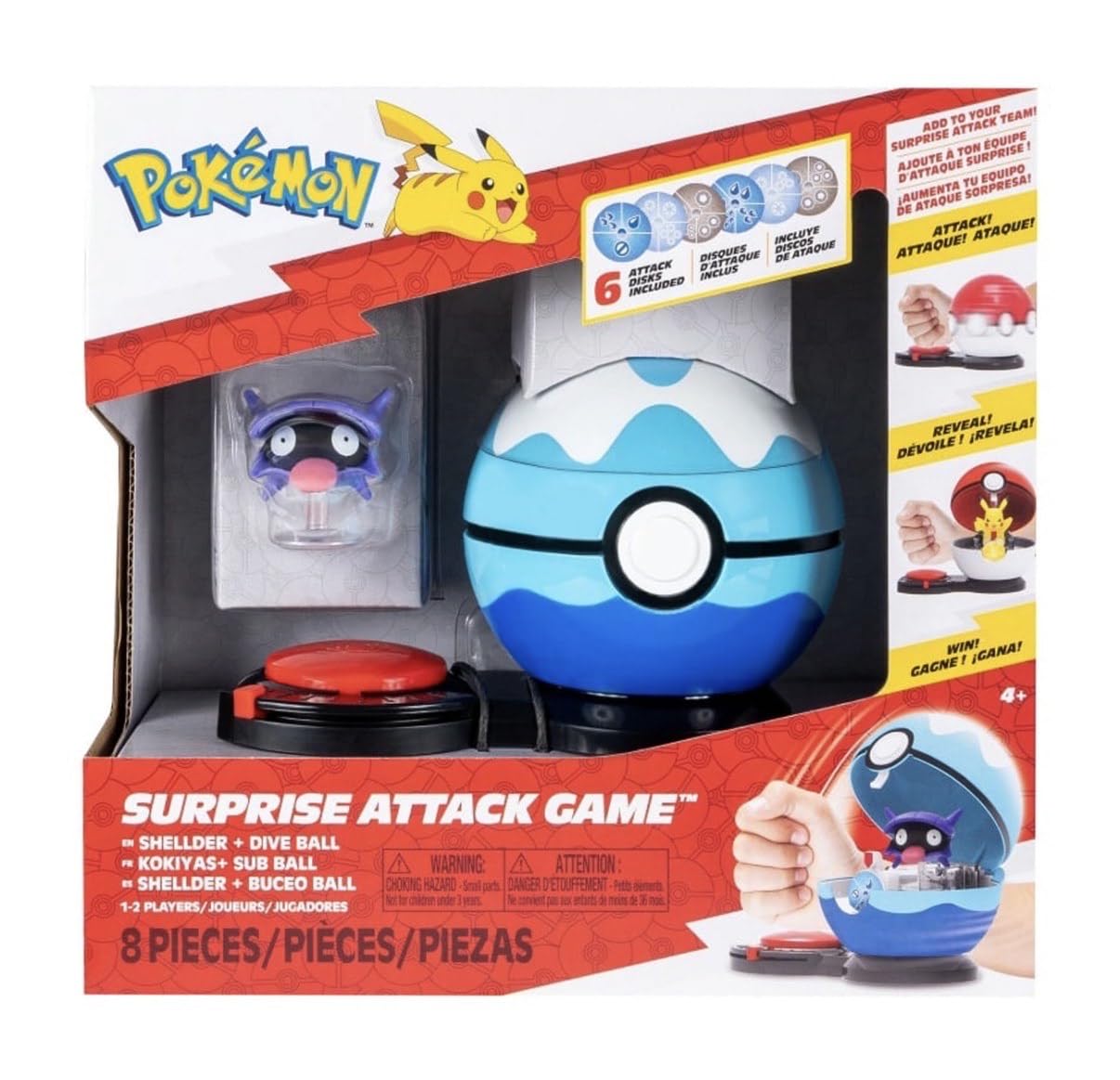 Pokemon Surprise Attack Game con Shellder e Dive Ball, set da 8 pezzi, gioco di battaglia interattivo per bambini dai 4 anni in su