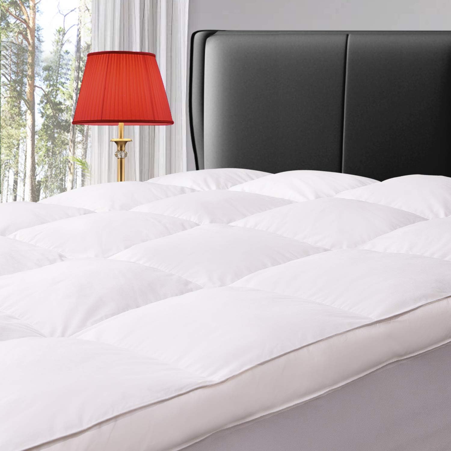 ELEMUSE Queen Size Extra Thick Fusion Goose Down Feather Filled Mattress Topper, Plush Fluffy Doule Layer Pillowtop Mattress Pad Cover, Soft Featherbed with 8-21 Inch Deep Pocket Queen White/Featherbed